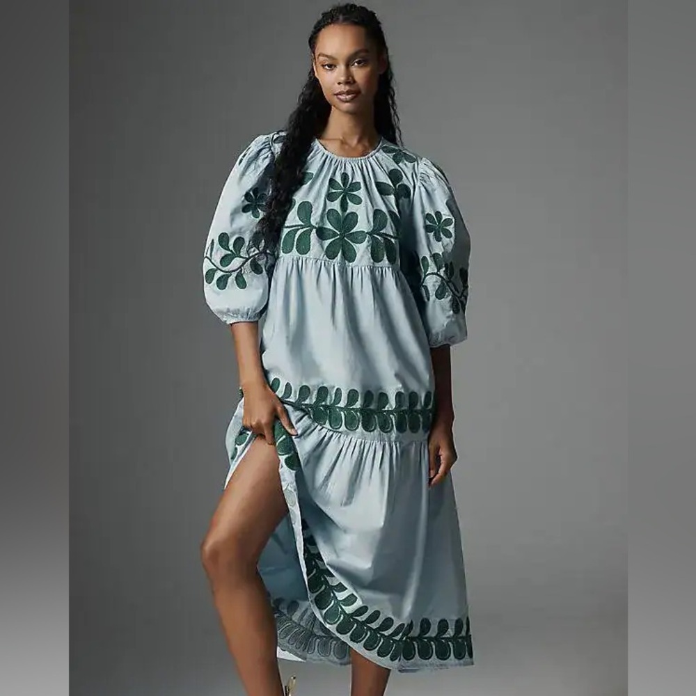 Anthropologie Embroidered Puff Sleeve Midi Dress